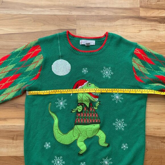 Jolly Sweaters Green Red T-Rex Dinosaur Christmas Sweater Argyle Men’s Large - Picture 4 of 11
